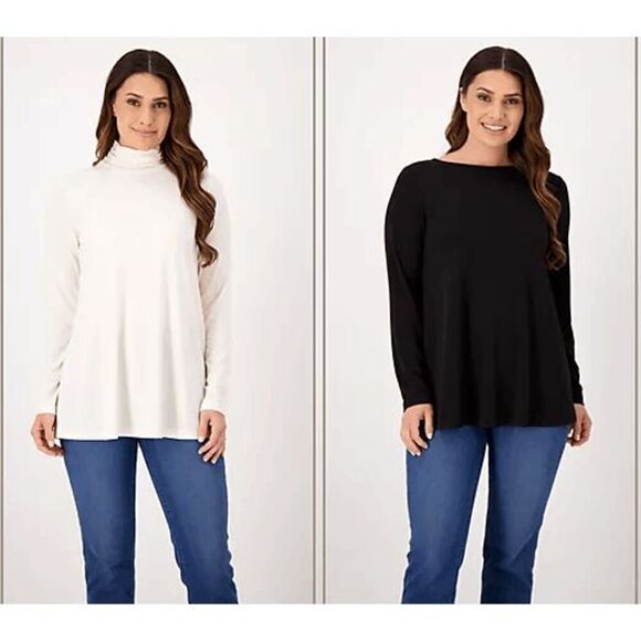 Susan Graver L Modern Essentials Liquid Knit Set of 2 Tunics Toffee/Ivory NWOT) - Picture 1 of 2